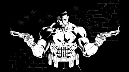 Black and white illustration of the Punisher, holding guns in each hand, set against a dark, graffiti-like background. This striking image serves as a vibrant 4K Ultra HD wallpaper.