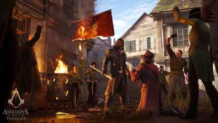 An HD desktop wallpaper featuring Jacob Frye from the video game Assassin's Creed: Syndicate, depicting a tense scene with a red flag and gathered crowd in a historical setting.