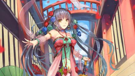 HD anime-style original desktop wallpaper featuring a vibrant female character with long flowing hair, intricate attire, and a colorful background of traditional Japanese architecture.