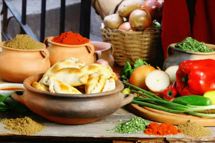 A 4K Ultra HD desktop wallpaper featuring fresh bread, colorful spices, and vegetables arranged on a rustic table with baskets and jars in the background.