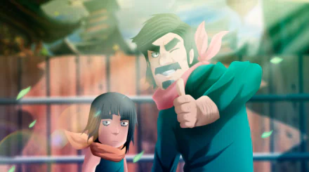 Anime characters Might Duy and Might Guy from Naruto stand confidently against a vibrant, rustic background. HD desktop wallpaper capturing their spirited energy.