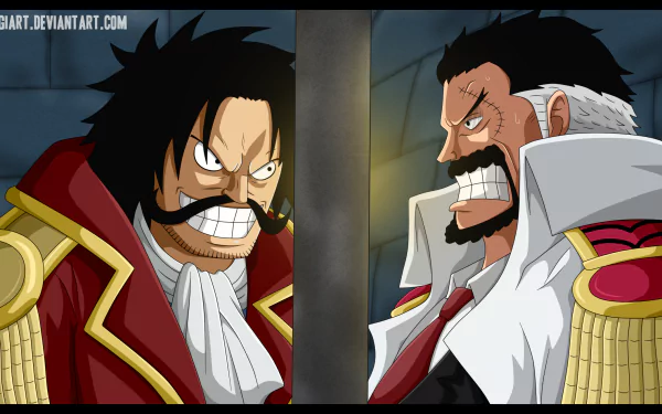 High-definition wallpaper featuring Monkey D. Garp and Gol D. Roger, iconic characters from the anime One Piece, showcasing an intense face-off.