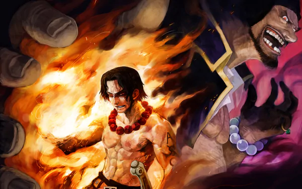HD wallpaper featuring Marshall D. Teach and Portgas D. Ace from the anime One Piece, showcasing a dynamic clash with flames and intense expressions.