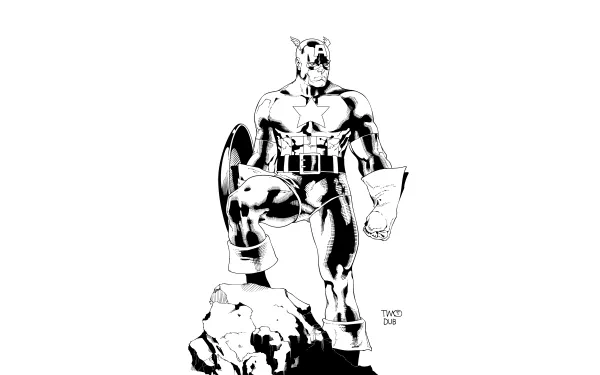 An 8K Ultra HD comic-style wallpaper featuring Captain America, depicted in a bold, black-and-white illustration, standing heroically with his shield.