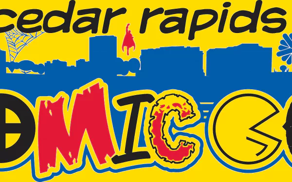 HD PC desktop wallpaper featuring a bold comic-style Cedar Rapids Comics design with a city skyline, spider web, and playful graphic elements capturing Comic Con vibes.