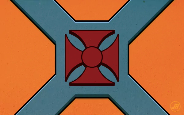 He-Man and the Masters of the Universe emblem: red square medallion with a blue X over an orange field — 4K Ultra HD PC desktop wallpaper/background from the TV show.