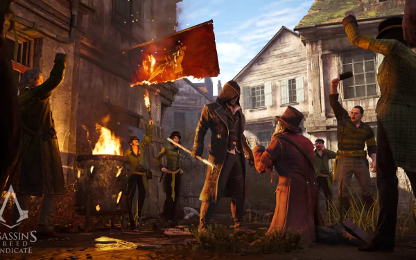 An HD desktop wallpaper featuring Jacob Frye from the video game Assassin's Creed: Syndicate, depicting a tense scene with a red flag and gathered crowd in a historical setting.