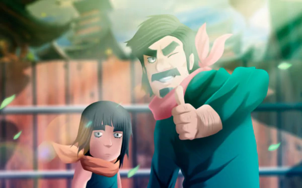 Anime characters Might Duy and Might Guy from Naruto stand confidently against a vibrant, rustic background. HD desktop wallpaper capturing their spirited energy.