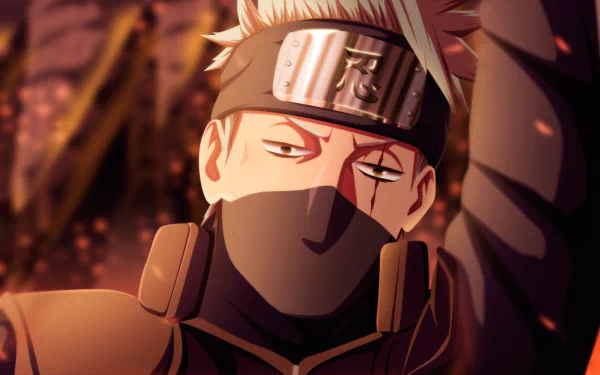 HD desktop wallpaper featuring Kakashi Hatake from the anime Naruto, with a detailed background showing his stern expression and signature headband.