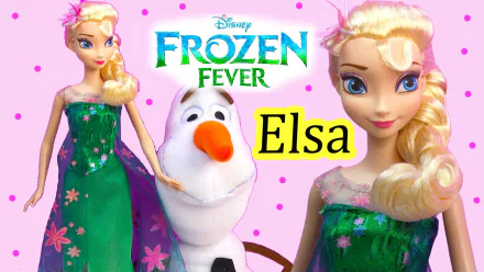 HD PC desktop wallpaper from Disney's Frozen Fever showing Elsa in a green dress with Olaf against a pink confetti background, featuring the word Elsa.