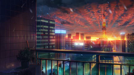 A stunning HD anime cityscape wallpaper showcasing a vibrant sunset sky, high-rise buildings, and a tower in the distance, viewed from a terrace with delicate rain droplets falling.