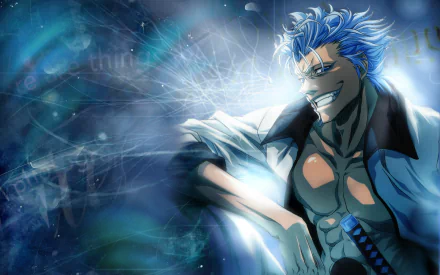 A vibrant HD wallpaper featuring Grimmjow Jaegerjaquez from the anime Bleach, showcasing his striking blue hair and confident pose against an abstract, dynamic background.