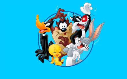 HD desktop wallpaper featuring Looney Tunes characters: Sylvester, Tasmanian Devil, Tweetie Pie, Daffy Duck, and Bugs Bunny, against a blue background.