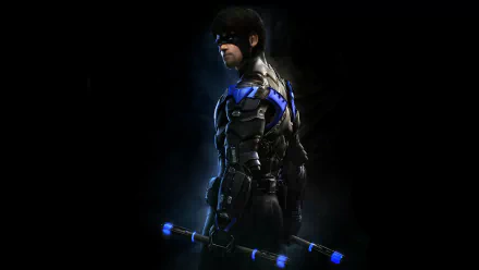 HD wallpaper featuring Dick Grayson as Nightwing from the video game Batman: Arkham Knight, showcasing his iconic costume and signature weapons against a dark background.
