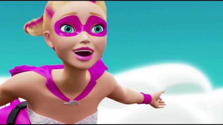 HD PC desktop wallpaper featuring Barbie from the movie Barbie in Princess Power, dressed in a pink superhero costume with a flowing cape against a bright blue sky.