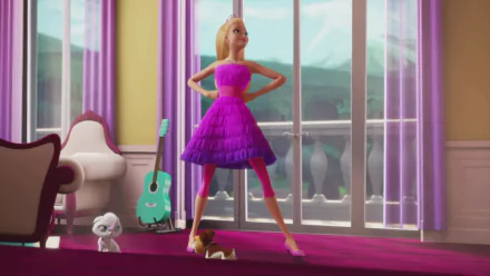 HD PC desktop wallpaper of Barbie from the movie Barbie in Princess Power, standing in a tiered pink-purple dress on a balcony with a teal guitar and two small pets nearby.