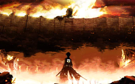 HD desktop wallpaper featuring Eren Yeager standing amidst flames, facing the looming Colossal Titan over a massive wall from the anime Attack on Titan.
