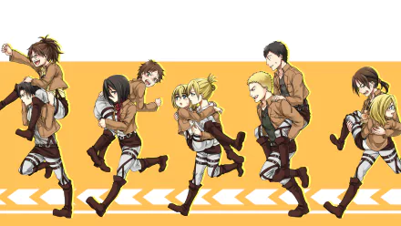 HD desktop wallpaper featuring characters Historia Reiss, Sasha Blouse, Reiner Braun, Annie Leonhart, and others from the anime Attack on Titan, set against an orange and white background.