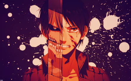 HD wallpaper featuring Eren Yeager from Attack on Titan anime, showcasing a split-face design with human and Titan forms against a dynamic background.