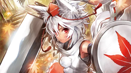 HD PC desktop wallpaper of Momiji Inubashiri (Touhou): white-haired wolf tengu in a red-and-white outfit, holding shield and sword amid falling autumn leaves, anime style.