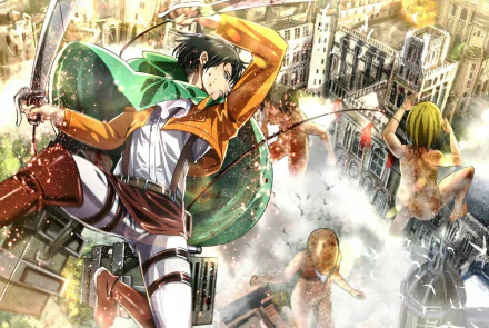 HD desktop wallpaper featuring Levi Ackerman from the anime Attack on Titan in an action-packed scene, showcasing his combat skills amidst a detailed urban battlefield.