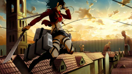HD desktop wallpaper featuring Mikasa Ackerman from Attack on Titan. She is in midair, wielding swords, soaring above rooftops with a sunset sky and Titan figures in the background.