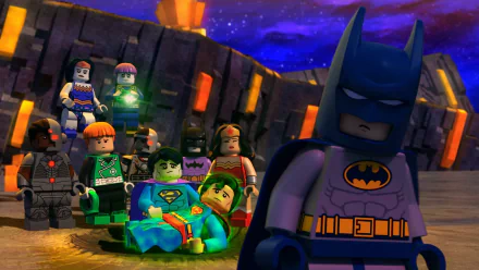 LEGO DC Comics Super Heroes: Justice League vs. Bizarro League HD PC wallpaper — LEGO Batman in foreground as Justice League and Bizarro League minifigures gather around a fallen hero under a starry sky.