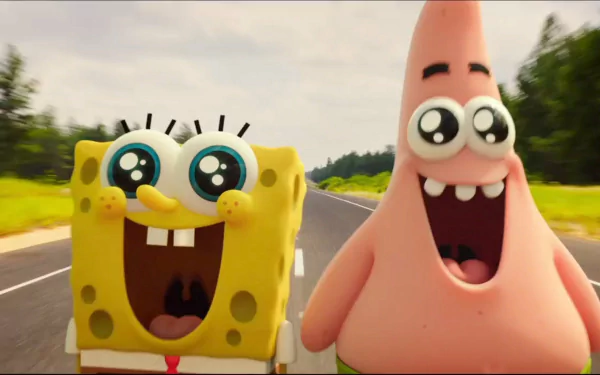 SpongeBob and Patrick joyfully walk along a road in this vibrant HD wallpaper from The SpongeBob Movie: Sponge Out of Water, capturing their playful spirit and adventure.