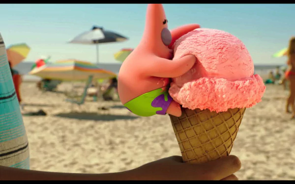 Patrick Star joyfully hugs a giant scoop of pink ice cream while sitting on the beach in this HD wallpaper from *The SpongeBob Movie: Sponge Out of Water*.