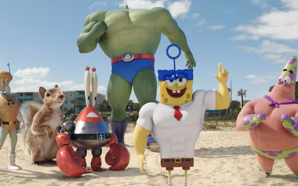 HD PC desktop wallpaper featuring characters from The SpongeBob Movie: Sponge Out of Water, showcasing SpongeBob and friends in a beach setting with a vibrant sky.