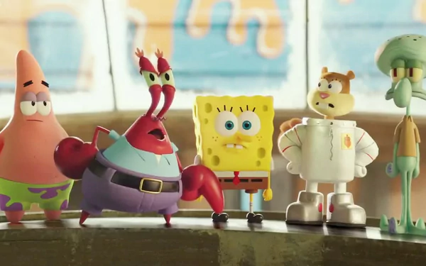 A colorful HD wallpaper featuring characters from The SpongeBob Movie: Sponge Out of Water, including SpongeBob, Patrick, Mr. Krabs, Sandy, and Squidward, set in a vibrant cartoon scene.