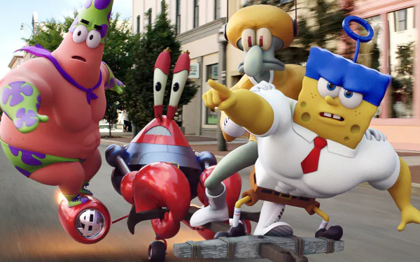 Colorful characters from The SpongeBob Movie: Sponge Out of Water are featured in this HD desktop wallpaper, showcasing SpongeBob, Patrick, Squidward, and Mr. Krabs in action.