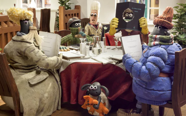 Shaun the Sheep Movie 4K Ultra HD PC desktop wallpaper: claymation scene of Shaun and friends gathered around a cozy dining table, bundled in coats and scarves.