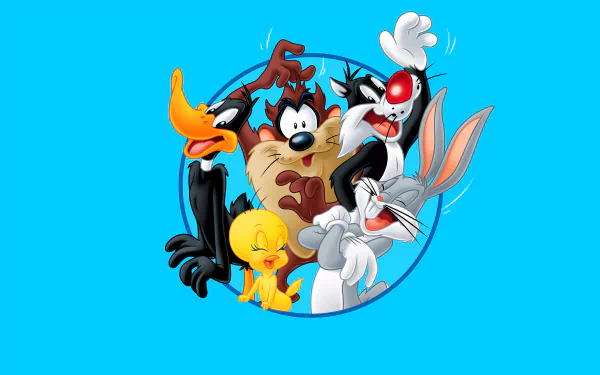 HD desktop wallpaper featuring Looney Tunes characters: Sylvester, Tasmanian Devil, Tweetie Pie, Daffy Duck, and Bugs Bunny, against a blue background.