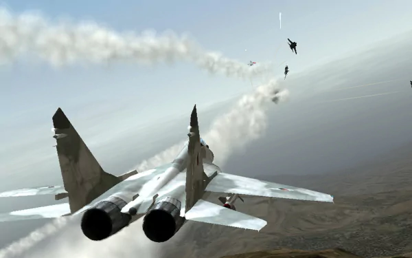 HD PC desktop wallpaper from the video game Ace Combat Zero: The Belkan War showing fighter jets in aerial combat with smoke trails over a vast landscape.
