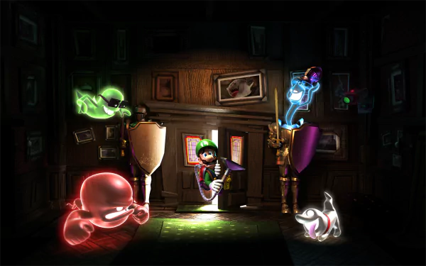 HD PC desktop wallpaper featuring Luigi from Nintendo’s Luigi's Mansion surrounded by glowing, colorful ghosts in a dark, eerie room.