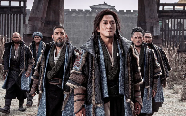 HD PC desktop wallpaper featuring a scene from the movie Dragon Blade with five warriors walking confidently in front of an ancient fortress.