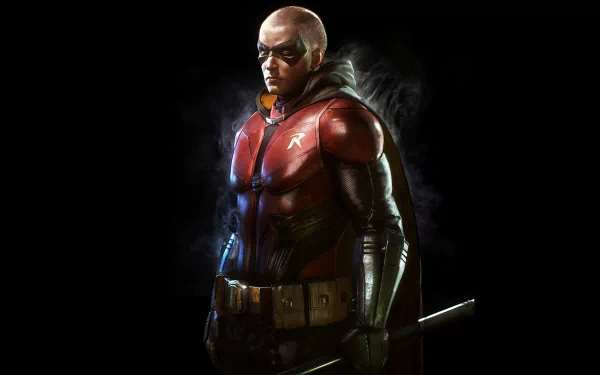 Tim Drake as Robin stands confidently in a dynamic pose, showcasing his red and black suit from the video game Batman: Arkham Knight. The dark background enhances his heroic presence.