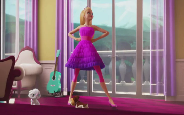 HD PC desktop wallpaper of Barbie from the movie Barbie in Princess Power, standing in a tiered pink-purple dress on a balcony with a teal guitar and two small pets nearby.