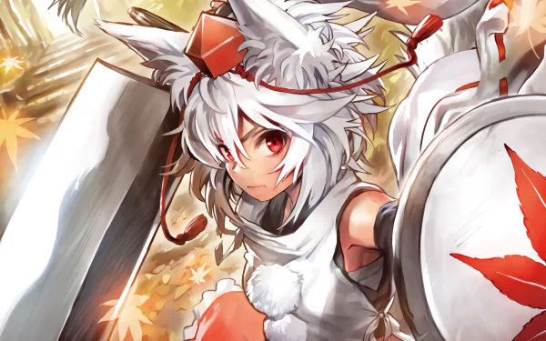 HD PC desktop wallpaper of Momiji Inubashiri (Touhou): white-haired wolf tengu in a red-and-white outfit, holding shield and sword amid falling autumn leaves, anime style.