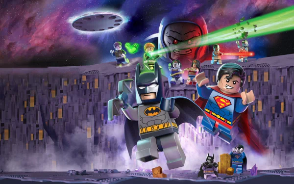 HD PC desktop wallpaper from the movie LEGO DC Comics Super Heroes: Justice League vs. Bizarro League — LEGO Batman and Superman lead the Justice League against Bizarro foes beneath a purple sky.