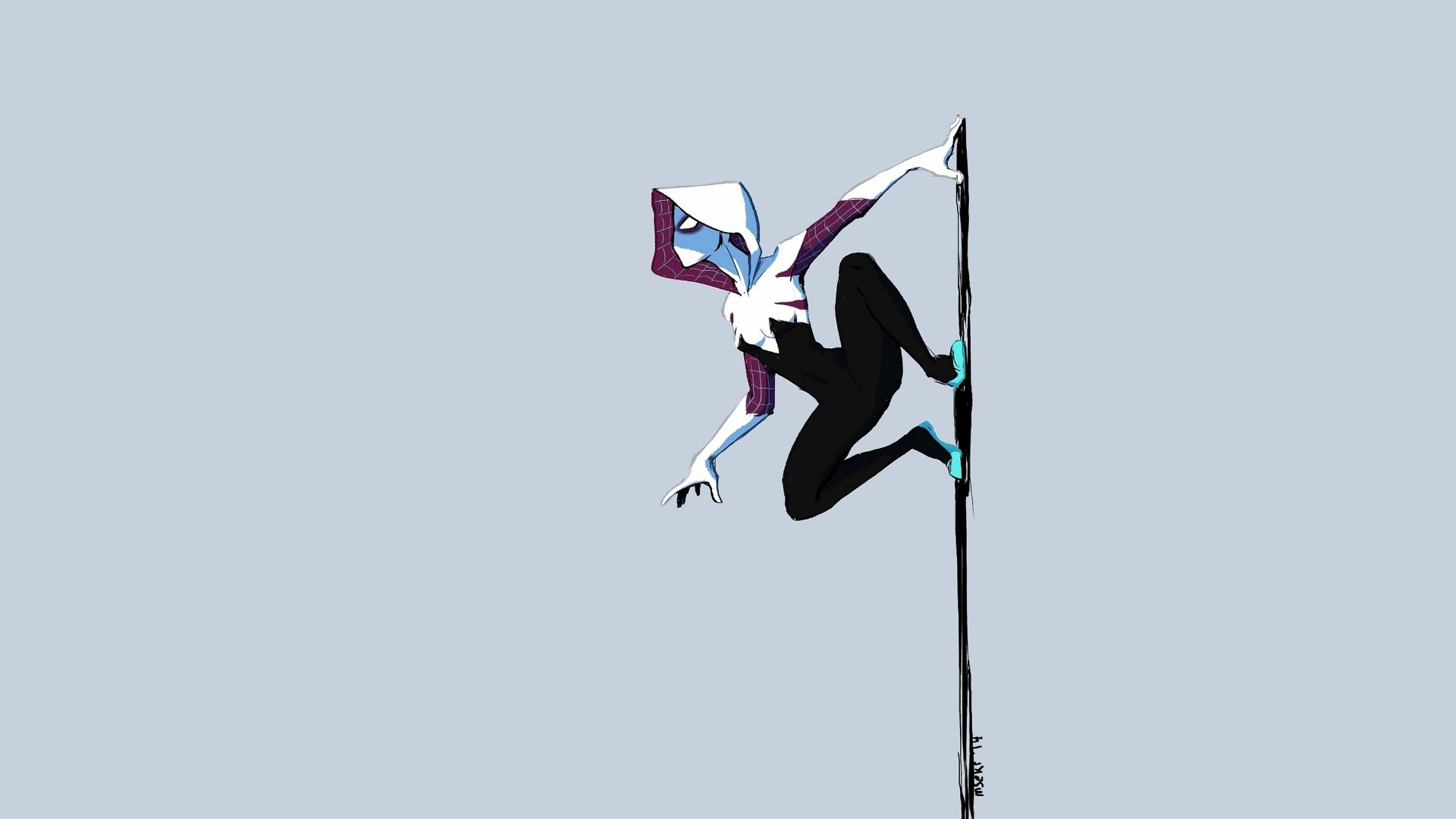 HD PC desktop wallpaper featuring a comic-style Spider-Gwen perched on a vertical pole against a light blue background.