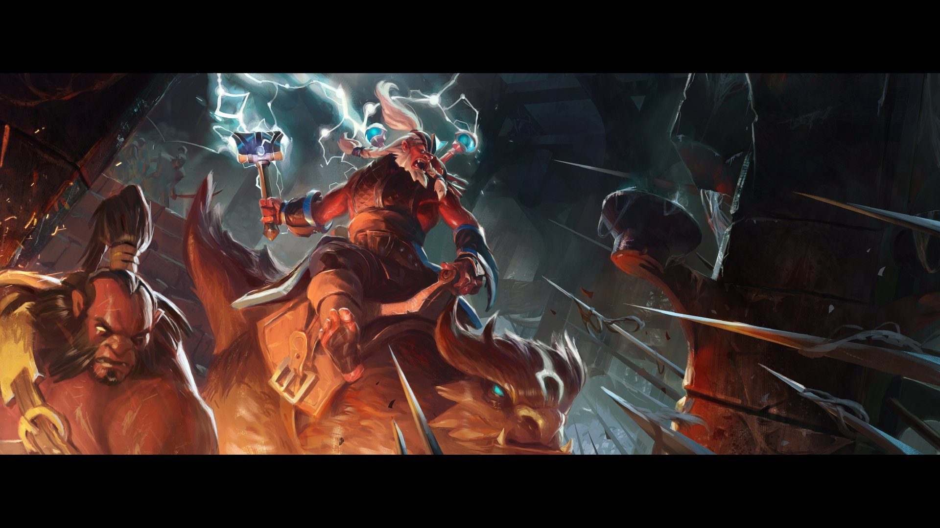 DotA 2 video game 5K Ultra HD PC desktop wallpaper: thunder-wielding hero charging on a horned mount amid shattered glass, sparks and stormy lightning.