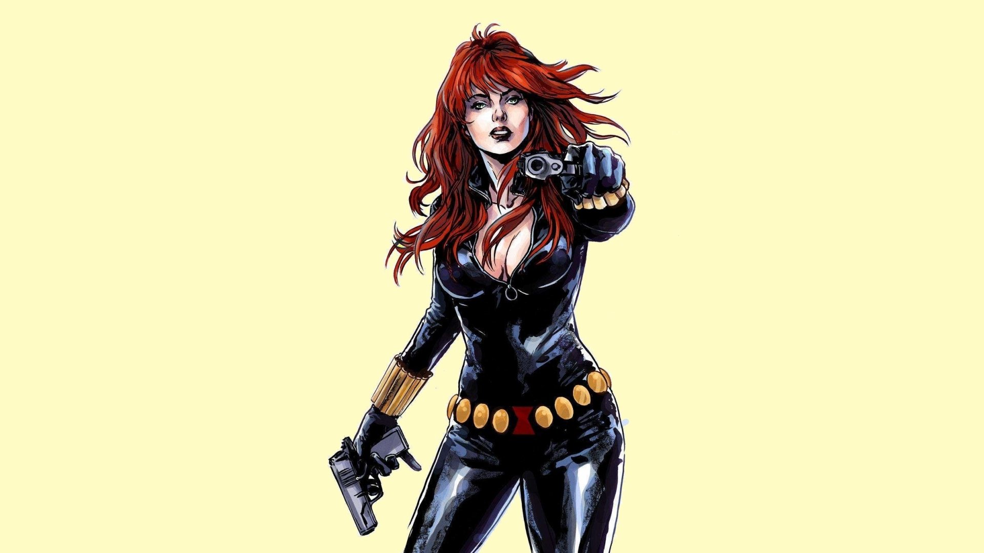 HD PC desktop wallpaper featuring a comic-style Black Widow in a black suit with red hair, holding a gun and pointing forward against a pale yellow background.