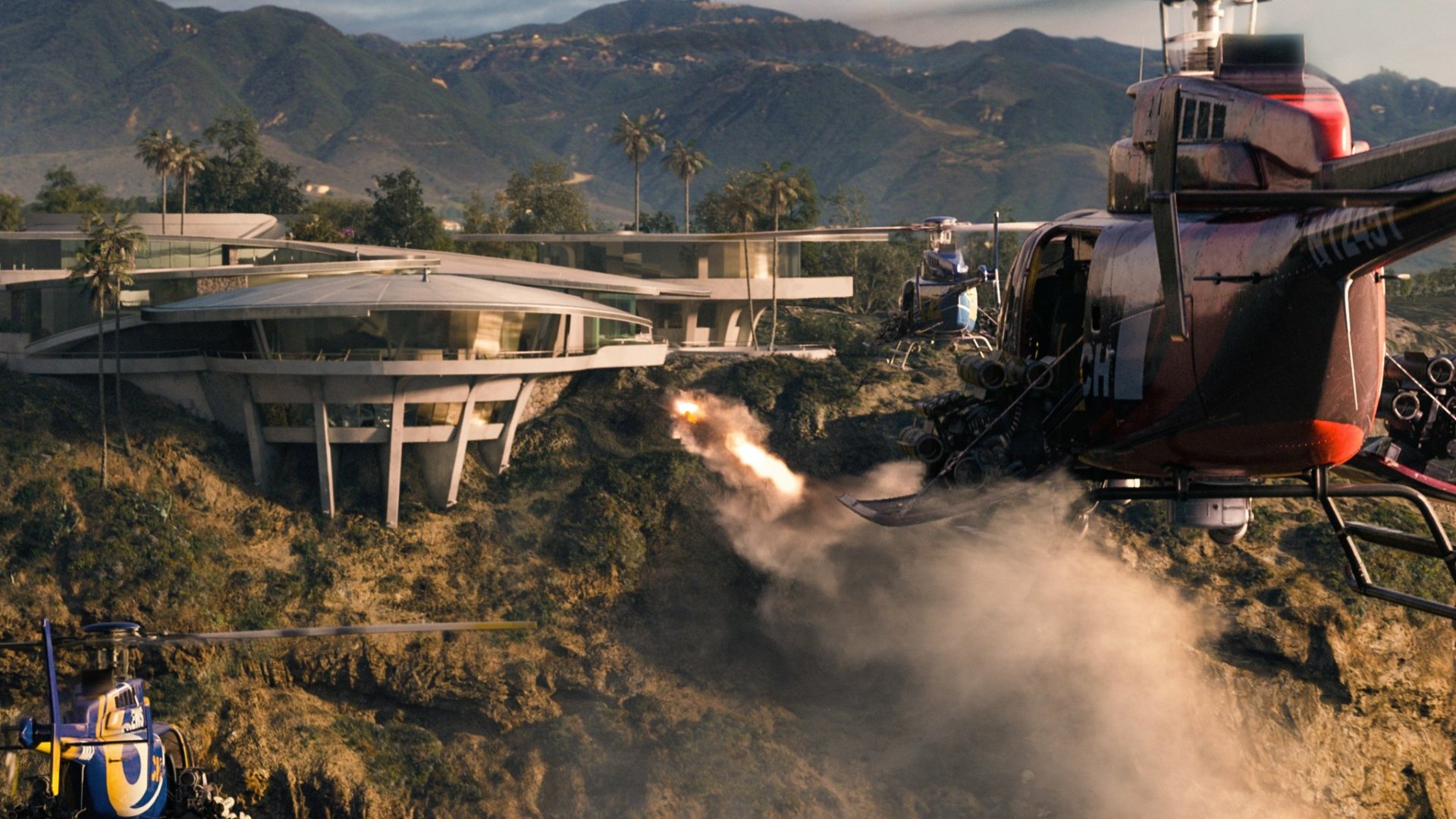 An HD desktop wallpaper from Iron Man 3, featuring a futuristic building and a helicopter amidst a dramatic landscape, capturing an action-packed moment from the film.