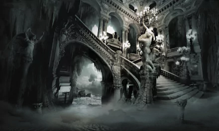A captivating HD wallpaper featuring a grand, eerie interior with ornate architecture, a dramatic staircase, and ghostly fog, enhanced through skilled manipulation techniques.