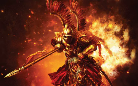 A fierce warrior adorned in golden armor and feathers stands boldly amidst flames, representing the epic battles and rich imagery of the game Mount & Blade in this HD desktop wallpaper.