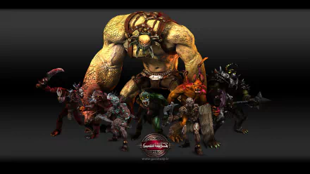 HD PC desktop wallpaper/background for the video game Garshasp: Monster Slayer featuring a towering Garshasp monster looming over a pack of snarling creature minions.