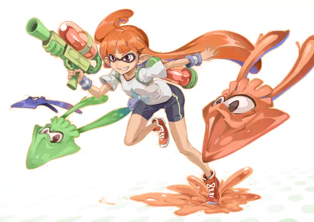 A dynamic HD desktop wallpaper featuring a character from the video game Splatoon, energetically wielding a water gun, accompanied by colorful squid companions.