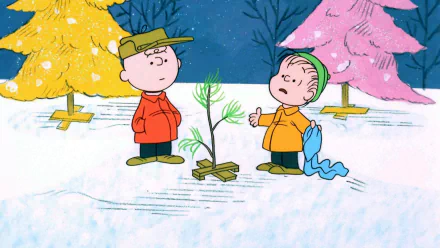 HD PC desktop wallpaper/background from the movie A Charlie Brown Christmas: Charlie Brown and Linus stand by the scraggly Christmas tree in the snowy lot.